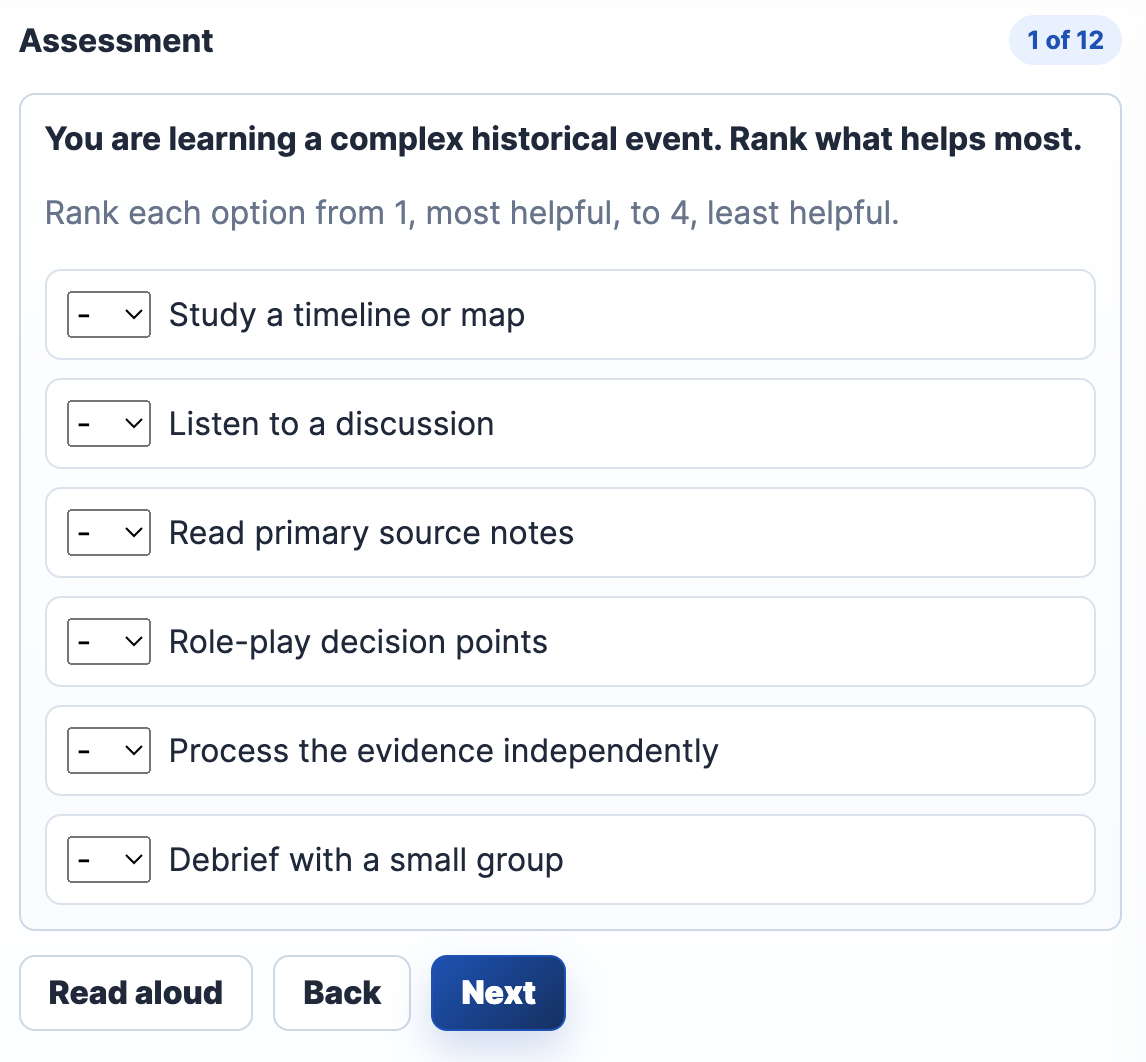 History assessment ranking question preview