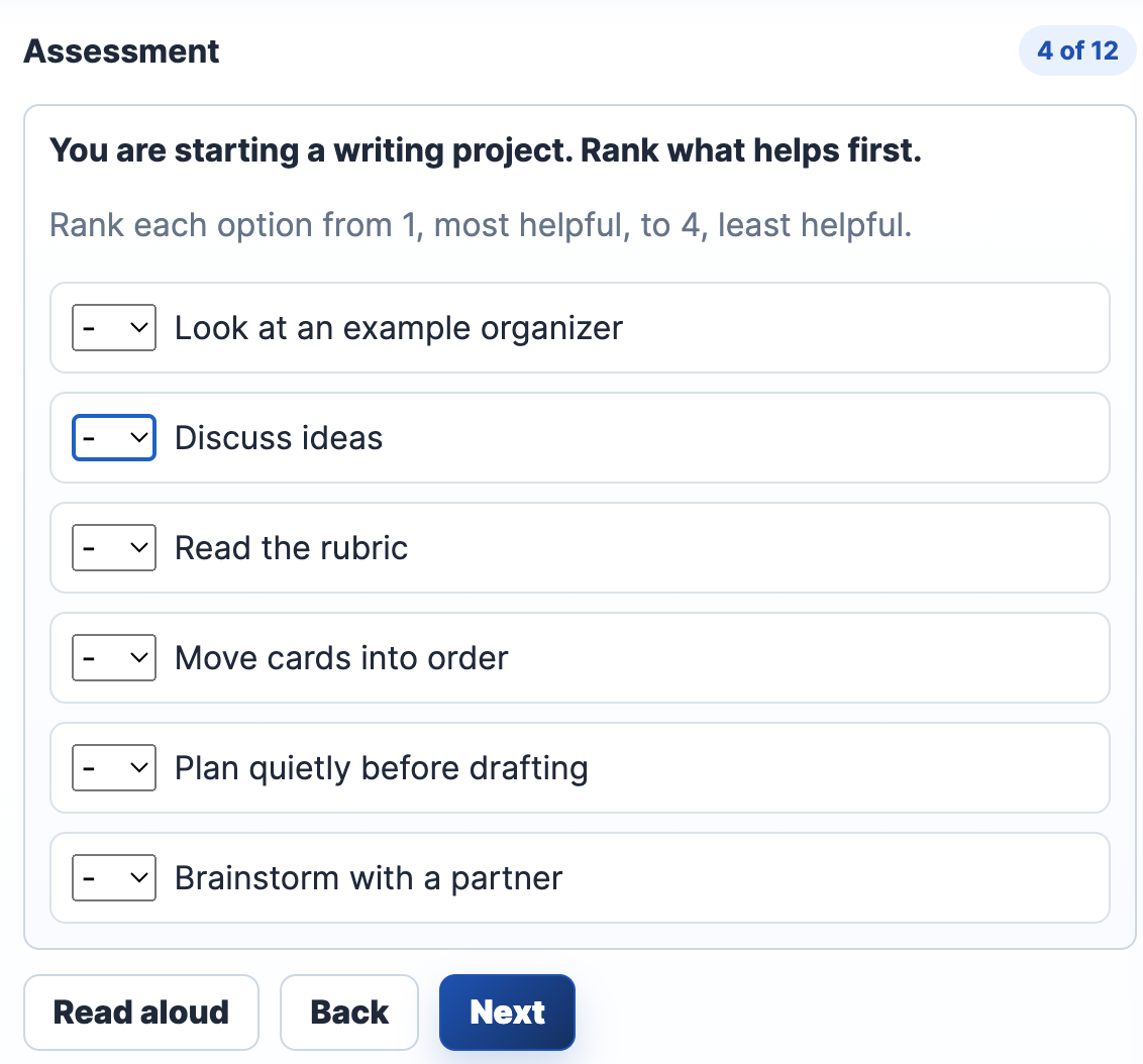 Writing assessment ranking question preview