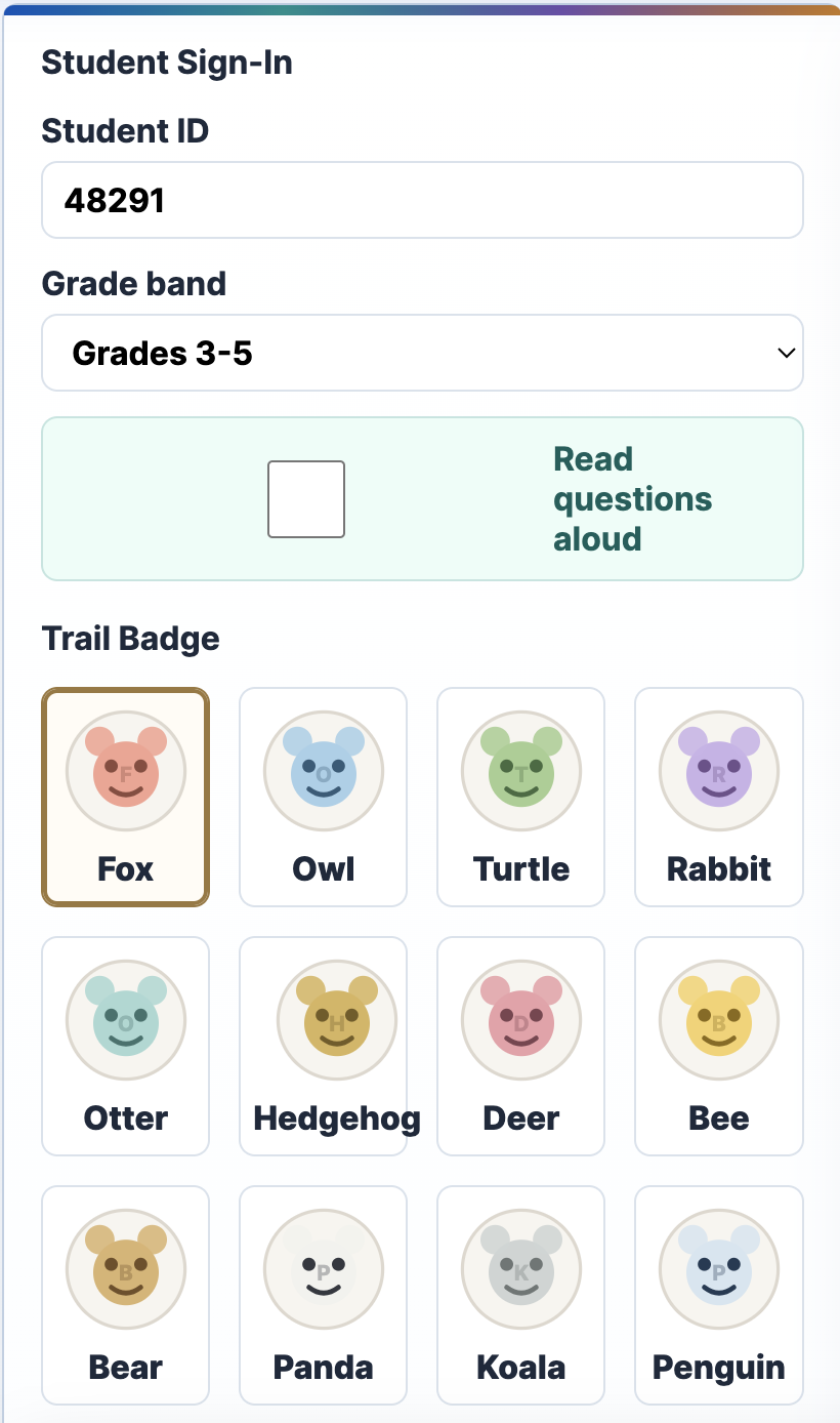 Student sign-in and badge choice preview
